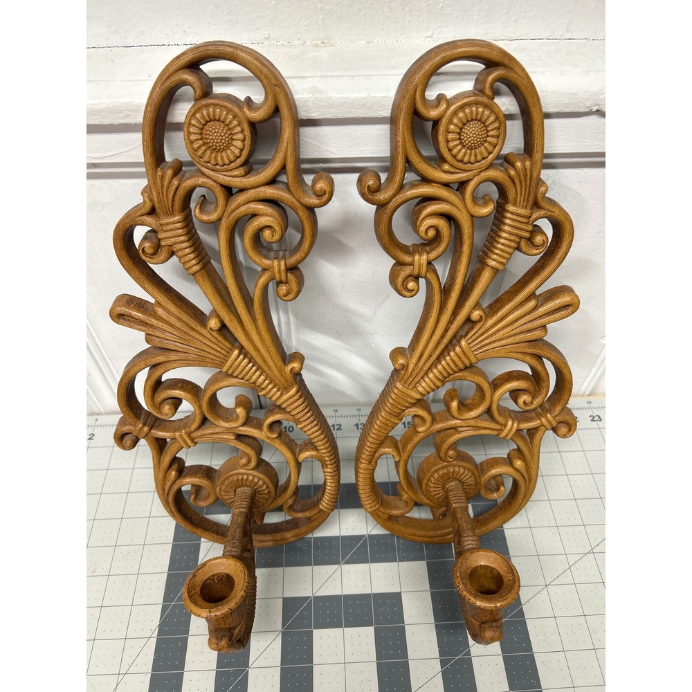 Vintage 1968 Syroco Homco Wall Sconce Candle Holder Set Ornate Scroll Faux Wood